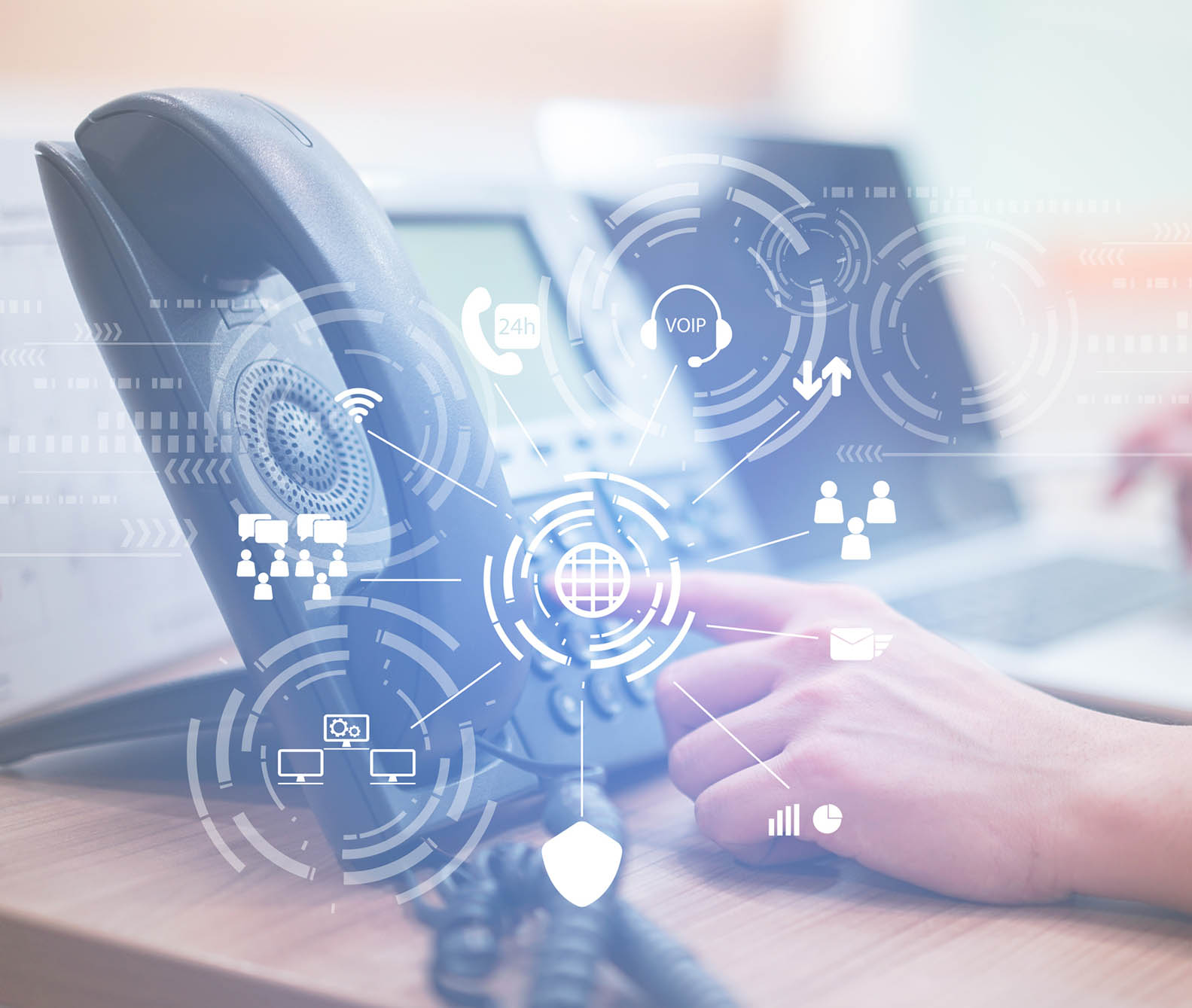 close up man hand point to press button number on telephone office desk with virtual interface effect of telecommunication.hotline employee concept