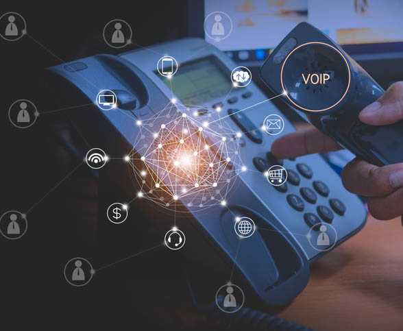 Hand of man using ip phone with flying icon of voip services and people connection, voip and telecommunication concept